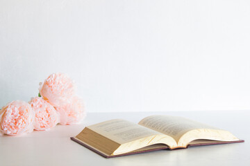 Pink roses with open book on table with nature light. 
