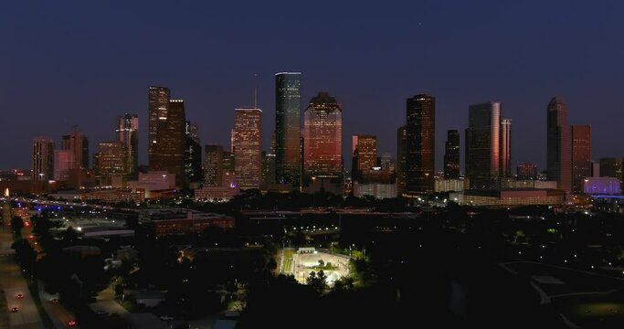 Aerial view of downtown Houston at night