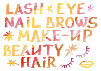 Watercolor artistic multicolor Set of Makeup elements a beauty theme on a white background. Hand written capital Letters, lip, eyelash and snowflake. Watercolour violet, purple, yelllow, brown, orange