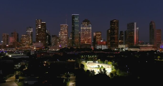 Aerial view of downtown Houston at night