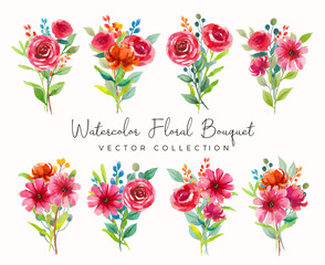 Watercolor floral bouquet of red and pink flowers vector collection 