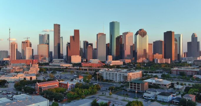 Aerial view of downtown Houston during golden hour