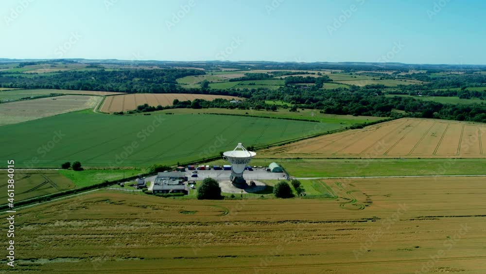Poster chilbolton observatory astronomy radio telescope dish array aerial view push in fly over