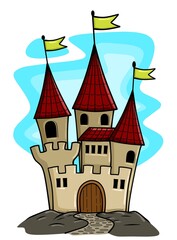 Fairytale landscape with castle. Fantasy palace tower, fantastic fairy house or magic castles kingdom cartoon vector