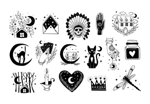 Set of mystical bohemian icons. tattoo for a witch, magic symbols. Linear modern illustrations isolated on white background, vector.