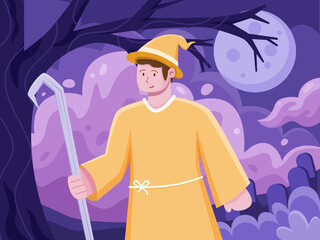 Flat illustration of People celebrates Halloween  wears a witch costume. Halloween Celebration Fun Party. Halloween character illustration. Can be used for greeting card, invitation, postcard, poster.