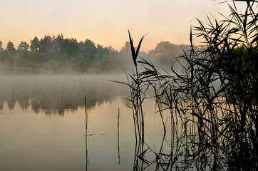 Fototapeta premium Misty haze on the river in the morning