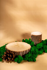 Eco friendly wooden podium for the presentation of cosmetics. Autumn concept, vertical photo