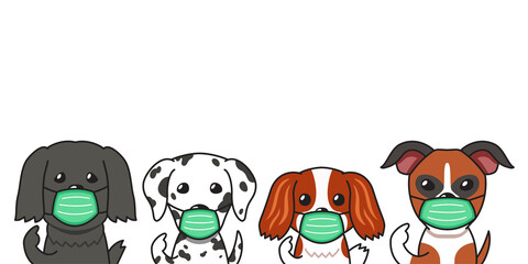 Set of cartoon character cute dogs wearing protective face masks for design.