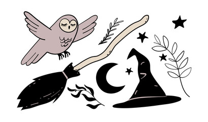 A set of elements for the witch. Magic broom, owl, witch hat. Flat vector stickers for Halloween isolated on white background. Cartoon design. - obrazy, fototapety, plakaty