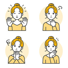 シンプルな線画の若い女性の喜怒哀楽感情ベクターイラストセット