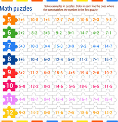  Math puzzle game. Solve the examples in the jigsaw puzzles. Color in each row the ones in which the sum matches the number in the first puzzle