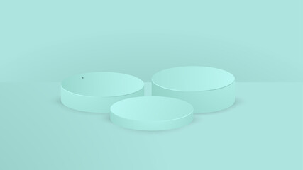Set of light green cylinder pedestal podium. Cosmetic product display presentation.