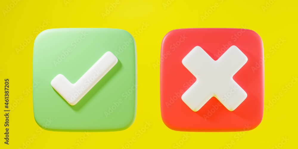 Fototapete Green tick check mark and cross mark symbols icon element in square, Simple ok yes no graphic design on yellow background, right checkmark symbol accepted and rejected, 3D rendering illustration