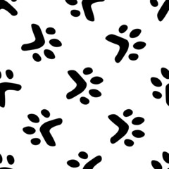 Fototapeta na wymiar Flat cartoon animal footprint silhouette seamless pattern. Cat or dog foot, unknown animal. Black print paw trace. Vector illustration. Trendy style design