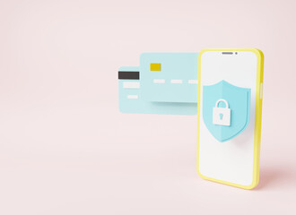 Secure mobile banking with credit card and lock shaped icon on pink background, smartphone security bank transaction money payment online Internet banking app protection, 3D rendering illustration