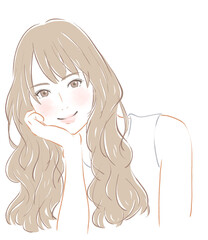 頬杖をついて笑うロングヘアの女性