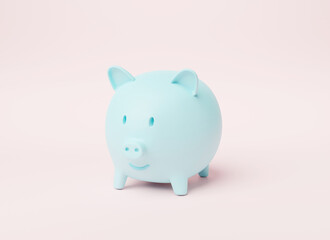 Blue Piggy bank on pink background, cartoon minimal style, single pig, saving or accumulation of money, investment, 3D rendering illustration