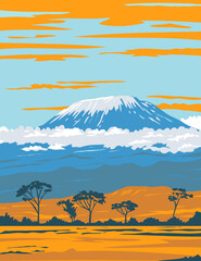 WPA poster art of Mount Kilimanjaro, a dormant volcano in Tanzania the highest mountain in Africa and the highest single free-standing mountain in the world done in works project administration style. - 461387282