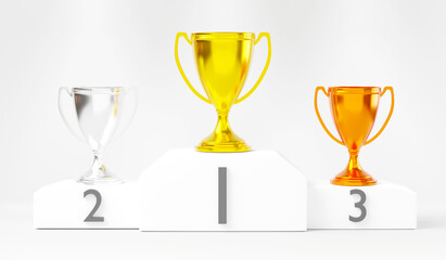 White winner podium, gold, silver and bronze trophy cup on prize podium for the champions, pedestal for award ceremony on white background, Stage for awards ceremony, 3D rendering illustration