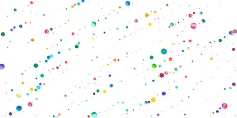 Watercolor confetti on white background. Alive rainbow colored dots. Happy celebration wide colorful bright card. Mesmeric hand painted confetti.