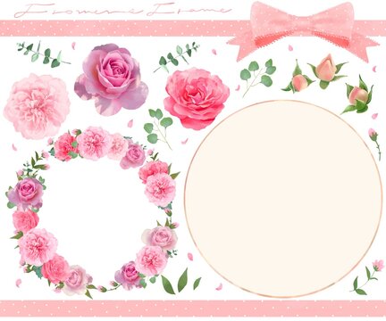 美しい色使いのピンクの薔薇の花と水玉リボンと植物の白バックリースのフレームイラストベクター素材