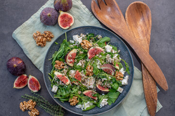 healthy barley salad with fresh figs, feta cheese and walnuts