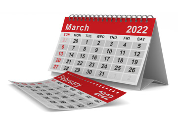 2022 year. Calendar for March. Isolated 3D illustration