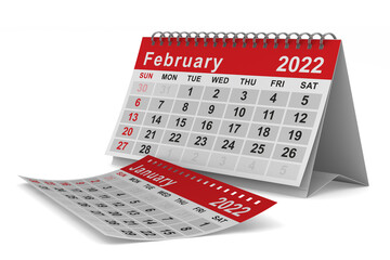 2022 year. Calendar for February. Isolated 3D illustration