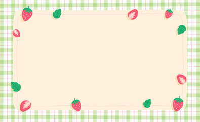 Cute Ornament Element Strawberry Pastel Green Gingham Pattern Paper Background Frame Border. Blank note Vector Illustration. Editable Stroke.