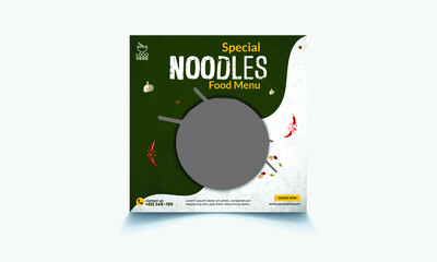 Editable square Noodles Food banner template design for food post on Instagram. Suitable for Social Media Post restaurant and culinary digital Promotion. Red and Yellow background color shape vector.
