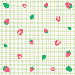 Cute Ornament Element Strawberry Pastel Green Gingham Pattern Editable Stroke. Cartoon Illustration, Mat, Fabric, Textile, Scarf, Wrapping Paper.