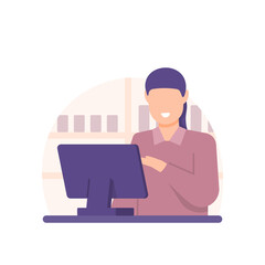 cashier, shop assistant, clerk or supermarket staff. illustration of a woman using a monitor to calculate all the prices of groceries from a customer or buyer. job or profession. flat cartoon style. 