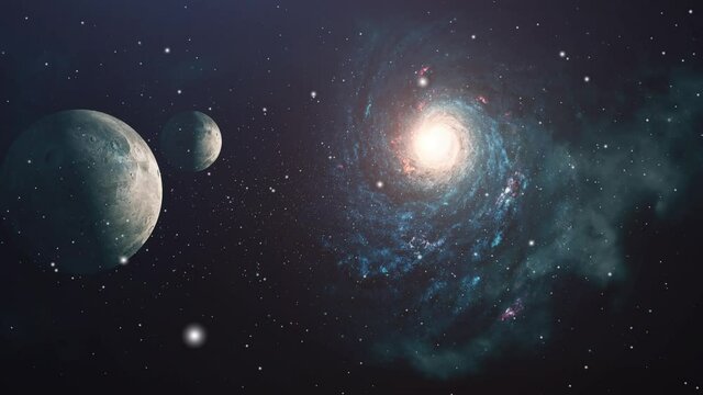 universe, blue galaxy and two rotating planets moving in space.