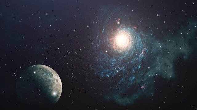 universe, blue galaxy and a rotating planet moving in space