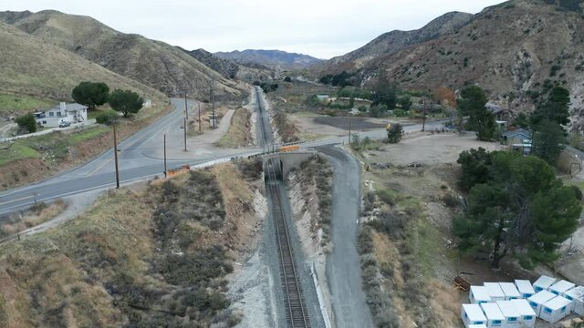Circling empty train tracks in Soledad, California