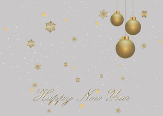 Layout Happy New Year golden and black color space for text Christmas balls, and snowflakes. Golden bokeh, light and ribbons. Vector illustration