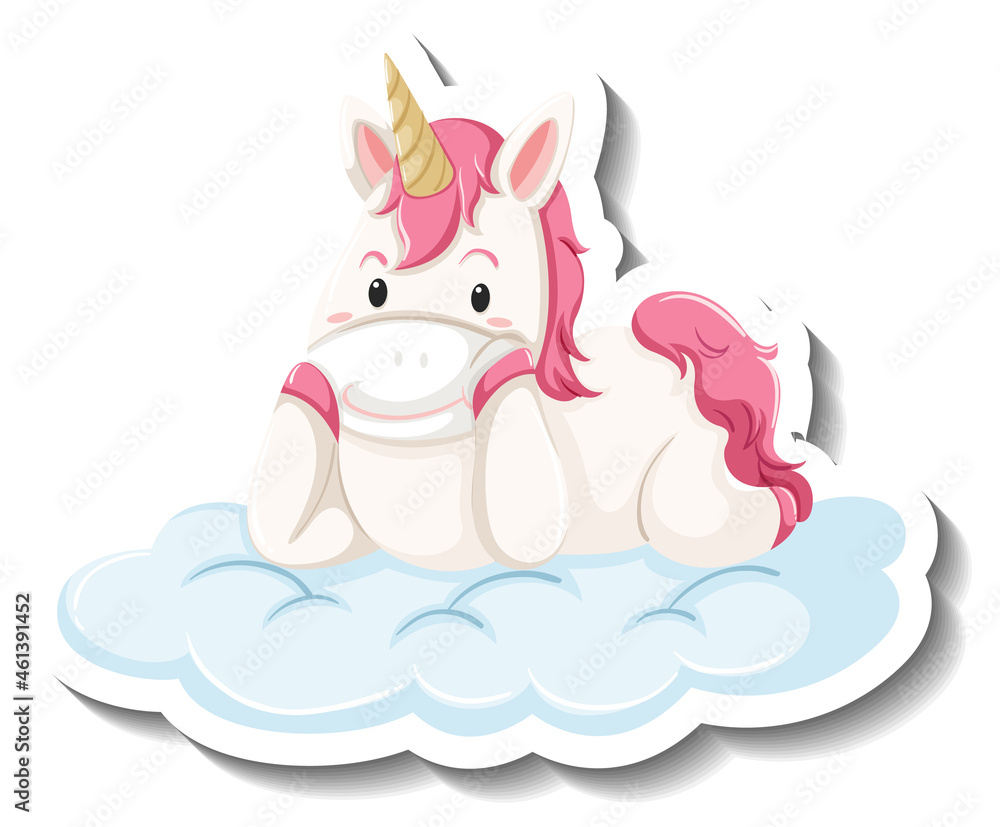 Poster Cute unicorn laying on the cloud cartoon sticker