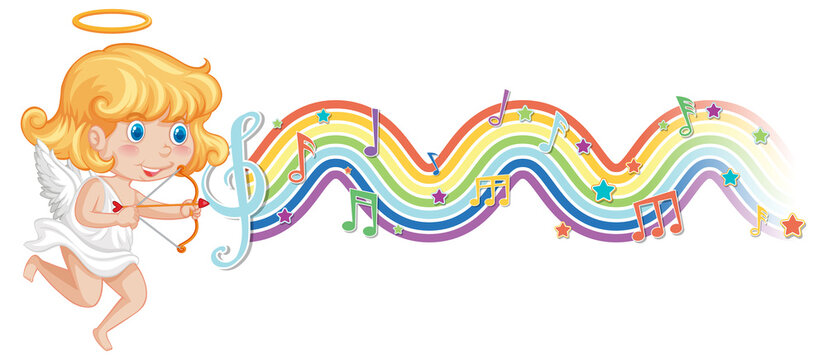 Cupid girl with melody symbols on rainbow wave