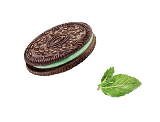 Mint chococlate cookie watercolor illustration isolated on white background.