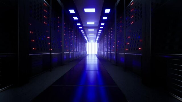 Network And Data Servers Behind Glass Panels In A Server Room Of A Data Center Or Isp, 3d Rendering