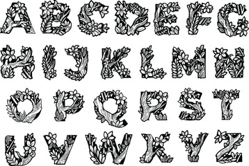 Black and white vector floral alphabet set of element