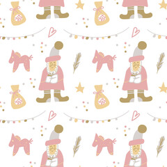 Vector seamless pattern for Christmas in flat pastel colors on transparent background. Cute, festive, winter print hand drawn.Design for textile, fabric, wrapping paper, packaging, scrapbook paper.