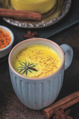 Easy Healthy Golden Milk, Turmeric Latte over dark background. Spices for ayurvedic treatment. Alternative medicine concept.