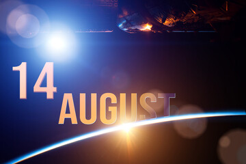 August 14th. Day 14 of month, Calendar date. The spaceship near earth globe planet with sunrise and calendar day. Elements of this image furnished by NASA. Summer month, day of the year concept.