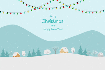 Fototapeta na wymiar Merry Christmas and Happy new year greeting card with cute countryside on winter concept