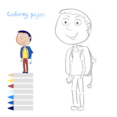 Children's coloring pages.Cheerful little boy with a backpack.Vector design, children's and school themes