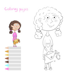 Children's coloring pages.Bright little girl with a backpack.Vector design, children's and school themes.