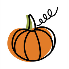 Bright image of doodle pumpkin. Simple Halloween pumpkin icon, for Thanksgiving. Isolated vector graphics on transparent background. Designer decoration.