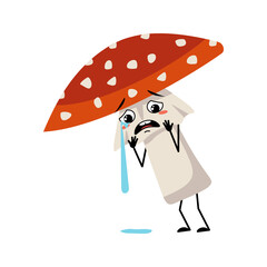 Cute amanita character with crying and tears emotion, sad face, depressive eyes, arms and legs. Fly Agaric Mushroom from forest with melancholy expression